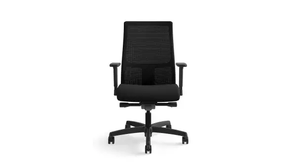 HON Ignition 2.0 Mesh Mid-Back Task Chair — Black fabric seat, black mesh/frame, advanced synchro-tilt, seat slider, adjustable lumbar, height/width arms, hard casters